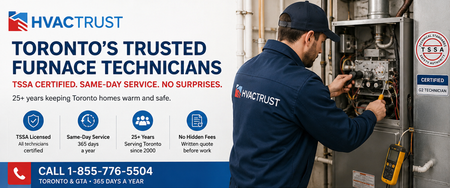 HVACTRUST furnace technician repairing a residential heating system in Toronto with TSSA certified same-day furnace repair service
