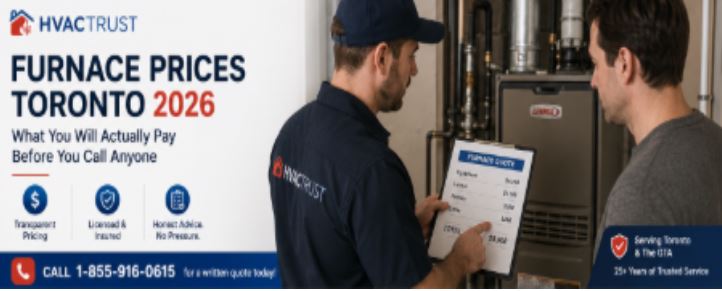 HVAC Trust licensed furnace technician explaining a furnace quote to a Toronto homeowner in front of a residential heating system. Furnace Prices Toronto 2026 guide with transparent pricing, licensed service, and written estimates. Call 1-855-916-0615.