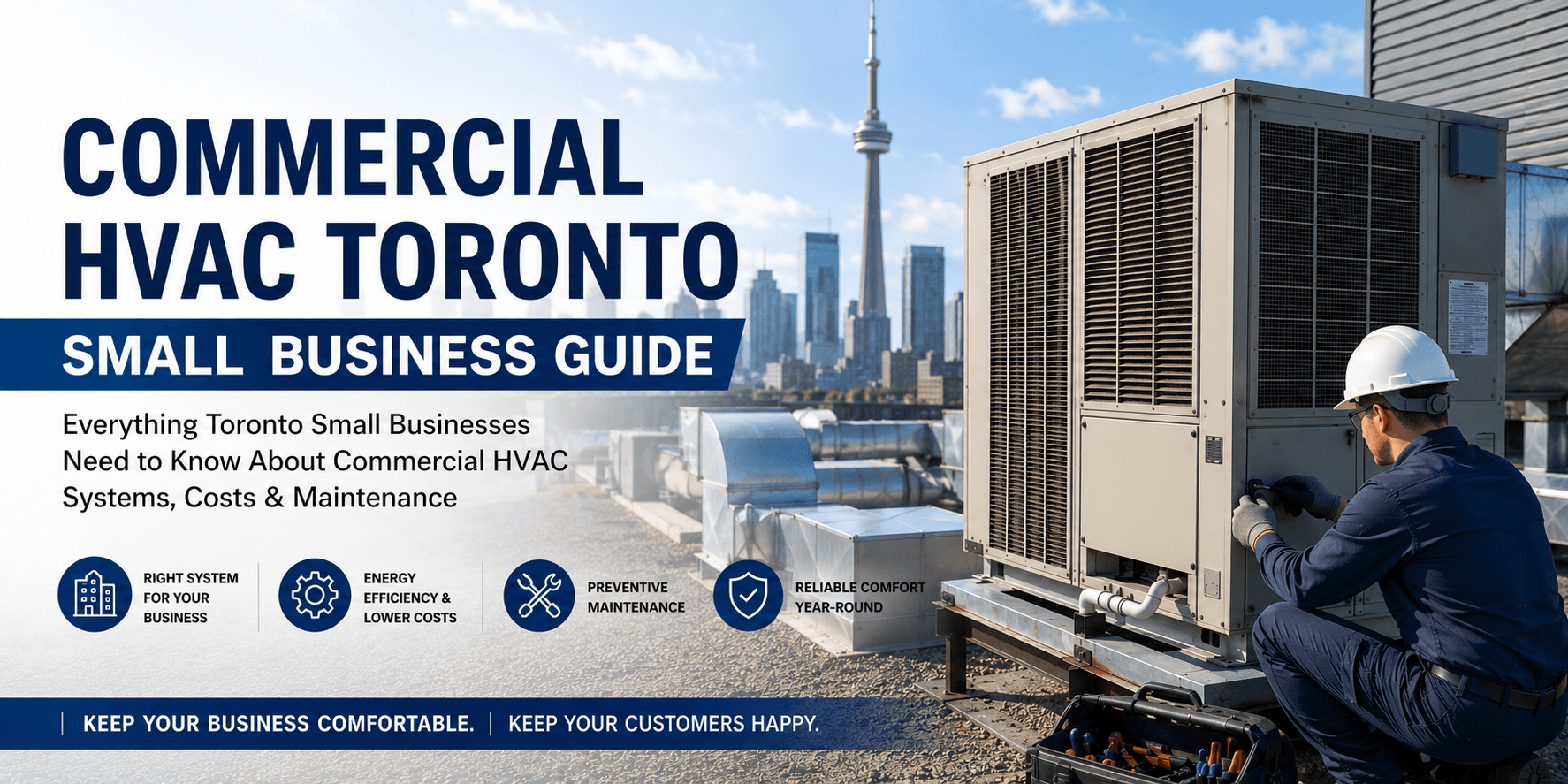 Commercial HVAC technician servicing a rooftop HVAC unit with the Toronto skyline in the background.