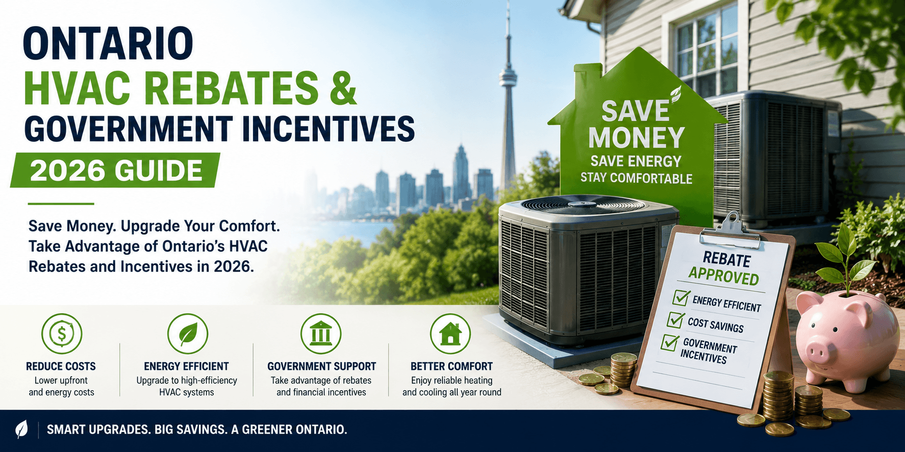Ontario HVAC rebates and government incentives 2026 guide featuring an energy-efficient HVAC system, rebate approval checklist, savings, and Toronto skyline.