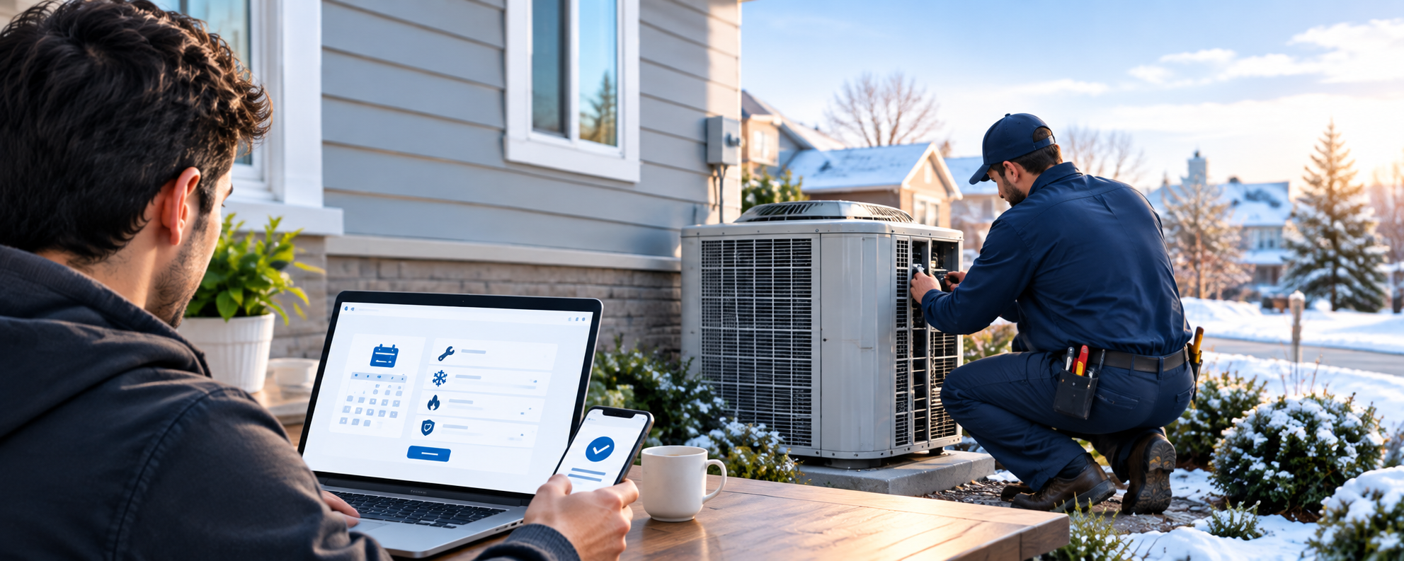 HVAC technician servicing an outdoor heating and cooling unit at a snowy Ontario home while a homeowner books HVAC service online.