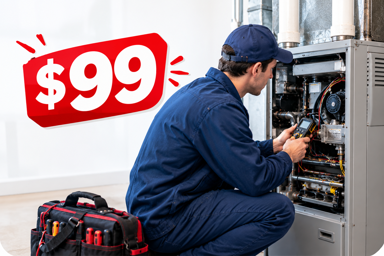 HVAC technician inspecting a residential furnace during a diagnostic service visit.